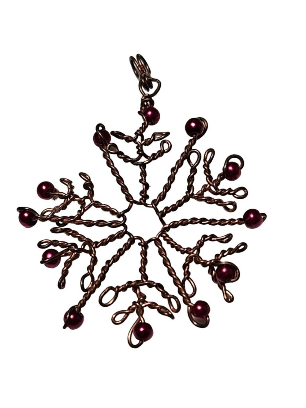 Handcrafted Copper Wire Snowflake Pendant Red Beads Christmas Holiday Jewelry